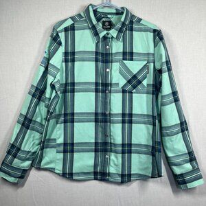 Flylow Shirt Mens XL Blue Green Plaid Snap Button Corbetts Ski Snowboard Logo